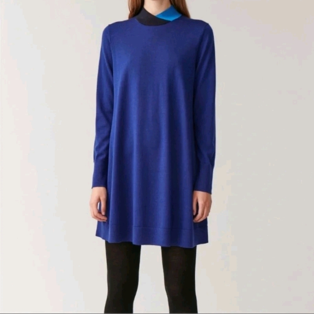 [COS] 100% Wool Electric Blue High Neck Contrast Black Collar Tunic Dress Sz XS